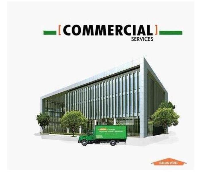 Drawing of a commercial building with a green SERVPRO truck in front of it.